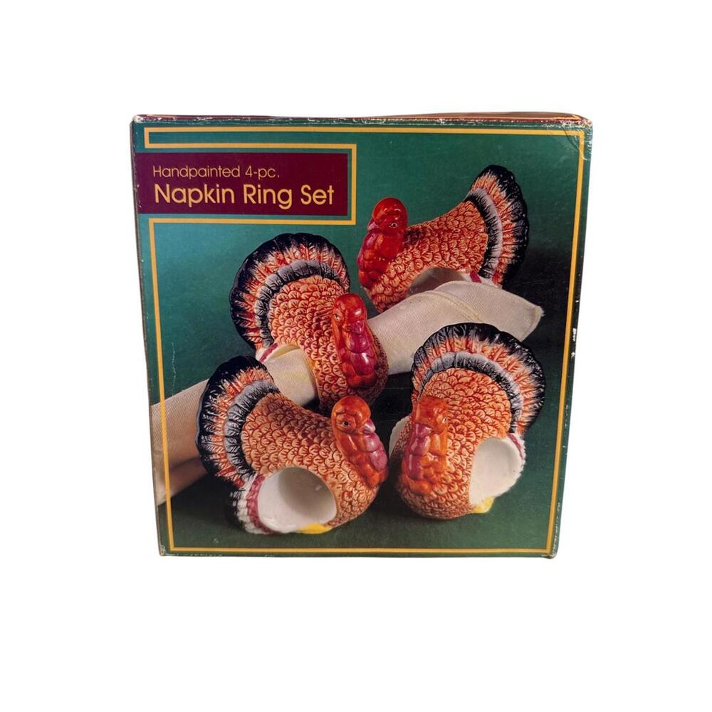 Handpainted Turkey Napkin Ring Set 4pc Ceramic Thanksgiving Table Decor Holiday